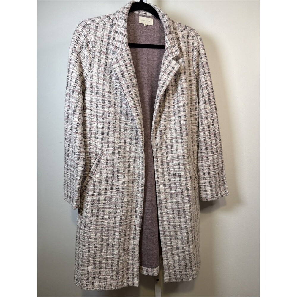 Women’s Open Front Tweed Duster Cardigan Blazer Size M Pockets Classic Gray pink